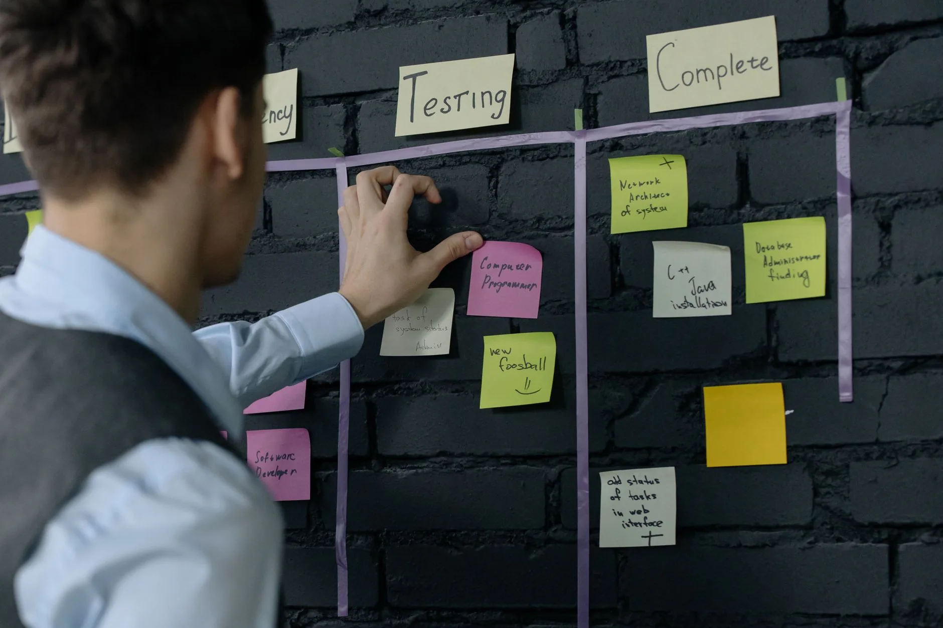 Un homme organise des tâches sur un tableau de post-its colorés fixés à un mur