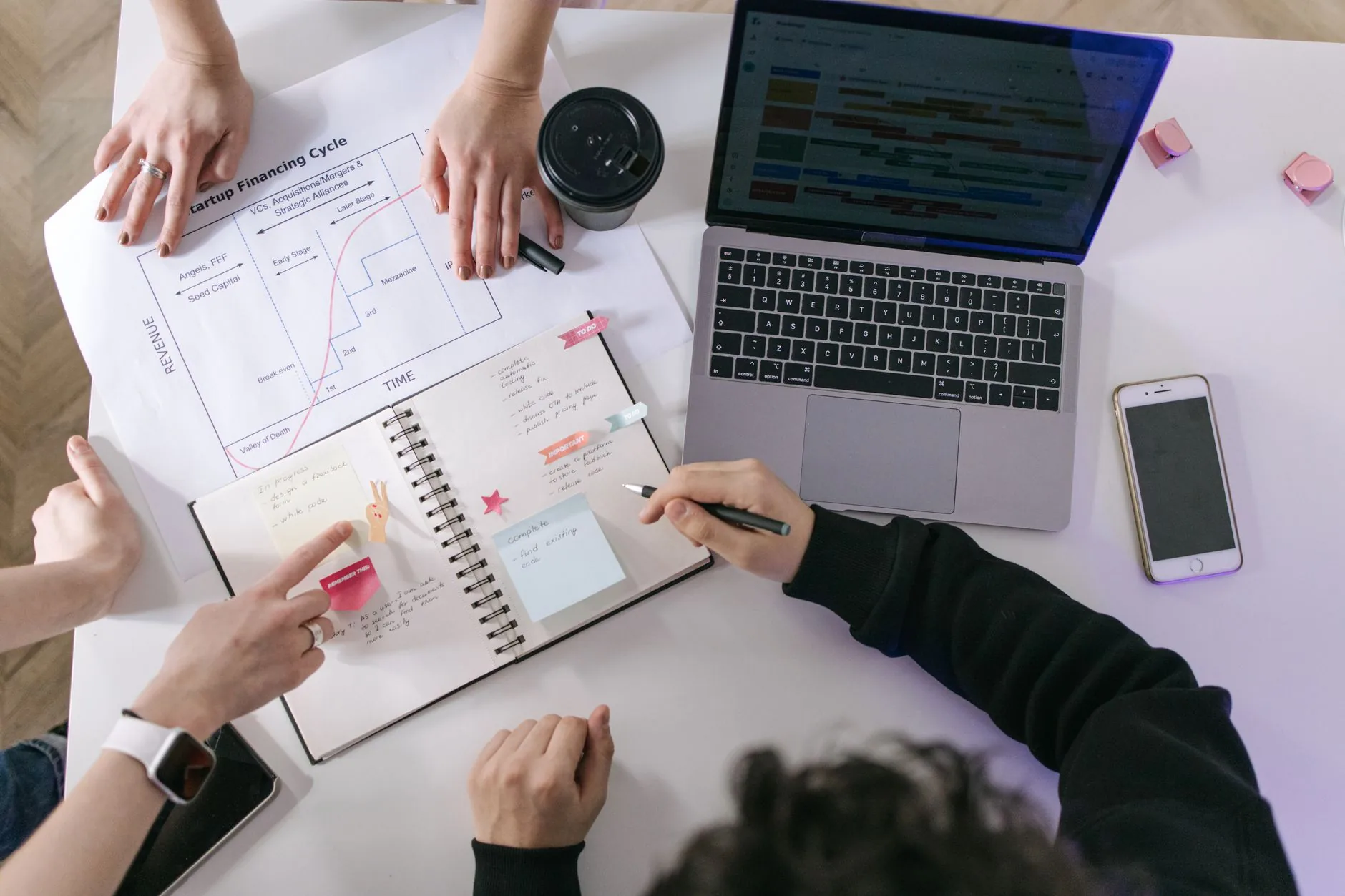 Vue aérienne de quatre mains autour d'un carnet, d'un ordinateur et de post-its colorés